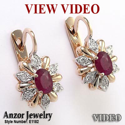 Russian Style Diamond Ruby Earrings 585 E1182 Russian Style Diamond Ruby Earrings 585 E1182