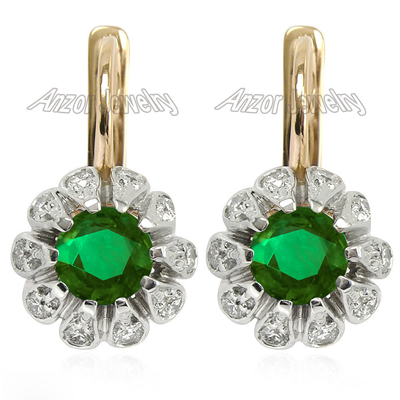 Russian Style Emerald Diamond Earrings 14k Gold E1221