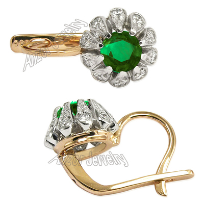 Russian Style Emerald Diamond Earrings 14k Gold E1221