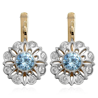 Russian Style Diamod & Aquamarine Earrings 14k E1187