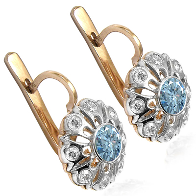 Russian Style Diamod & Aquamarine Earrings 14k E1187