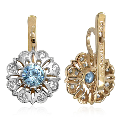 Russian Style Diamod & Aquamarine Earrings 14k E1187