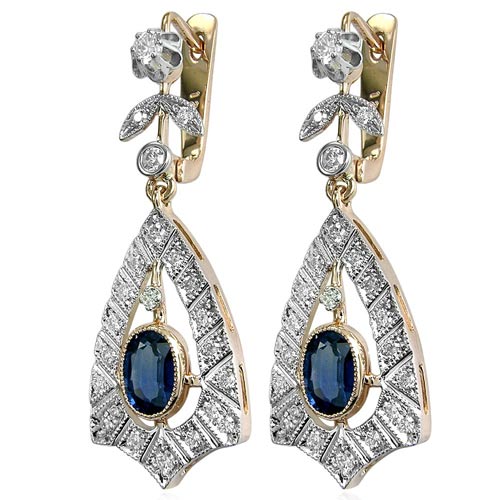 Russian Style Sapphire Diamond Earrings 14K 585 E1193 Russian Style Sapphire Diamond Earrings 14K 585 E1193