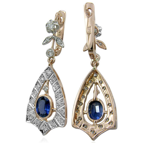 Russian Style Sapphire Diamond Earrings 14K 585 E1193 Russian Style Sapphire Diamond Earrings 14K 585 E1193