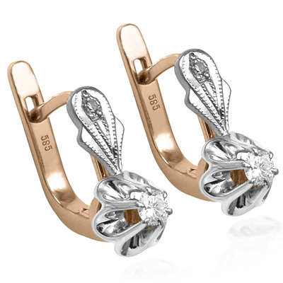 14k Rose Gold Diamond Earrings Russian jewelry E1293