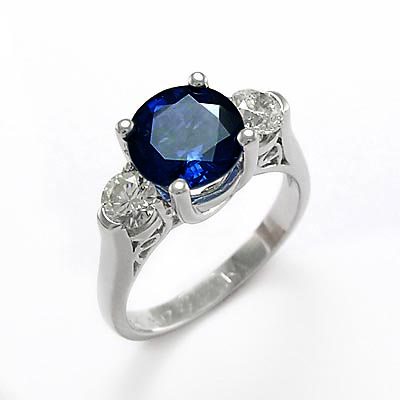 14k Gold Sapphire Diamond Three Stone Ring R1826
