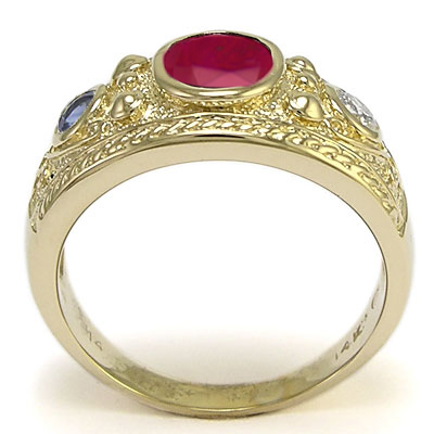 Men's 14k Sapphire Ruby Diamonds Three-Stones Ring R1856 Men's 14k Sapphire Ruby Diamonds Three-Stones Ring R1856
