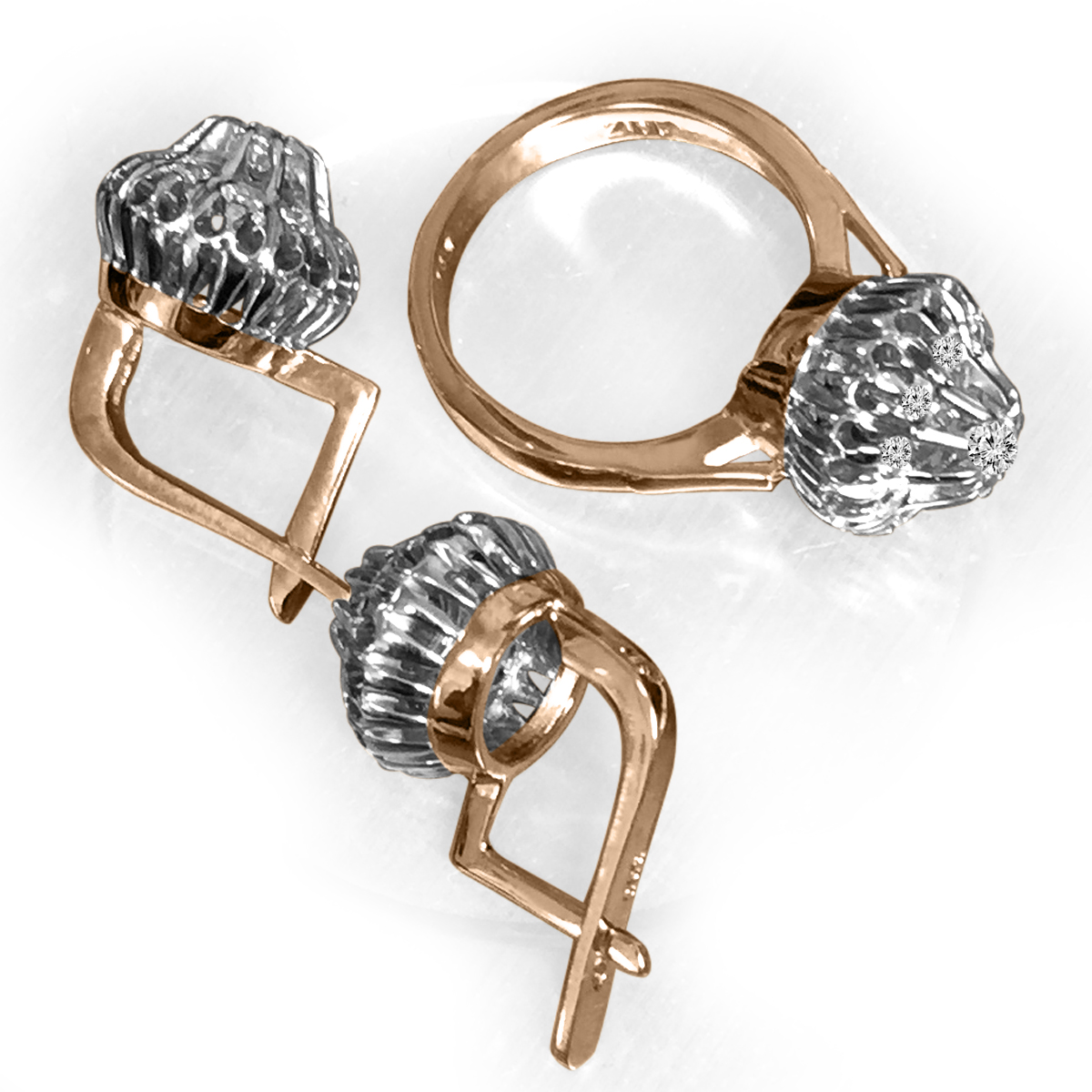 Russian style Diamond Ring and Earring Set 14k gold S230 Russian style Diamond Ring and Earring Set 14k gold S230