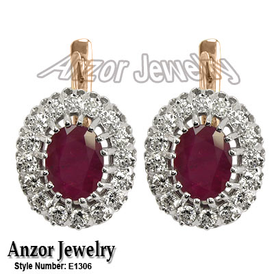 Russian Style Earrings Ruby and Diamond 585 E1306 Russian Style Earrings Ruby and Diamond 585 E1306