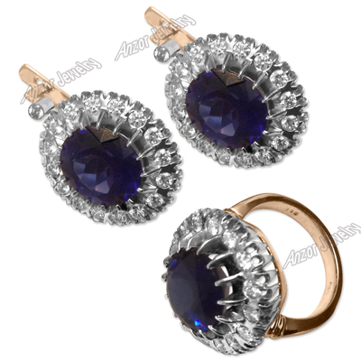Russian Style Sapphire Diamond Jewelry Set 14K 585 S226 Russian Style Sapphire Diamond Jewelry Set 14K 585 S226