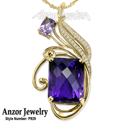 14K Yellow Gold Amethyst Diamond Pendant P929