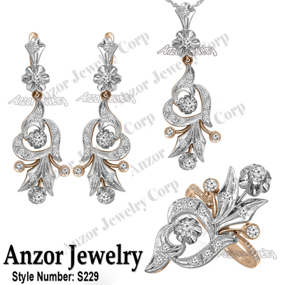Russian Style Diamond Jewelry set in 14k 585 S229 Russian Style Diamond Jewelry set in 14k 585 S229