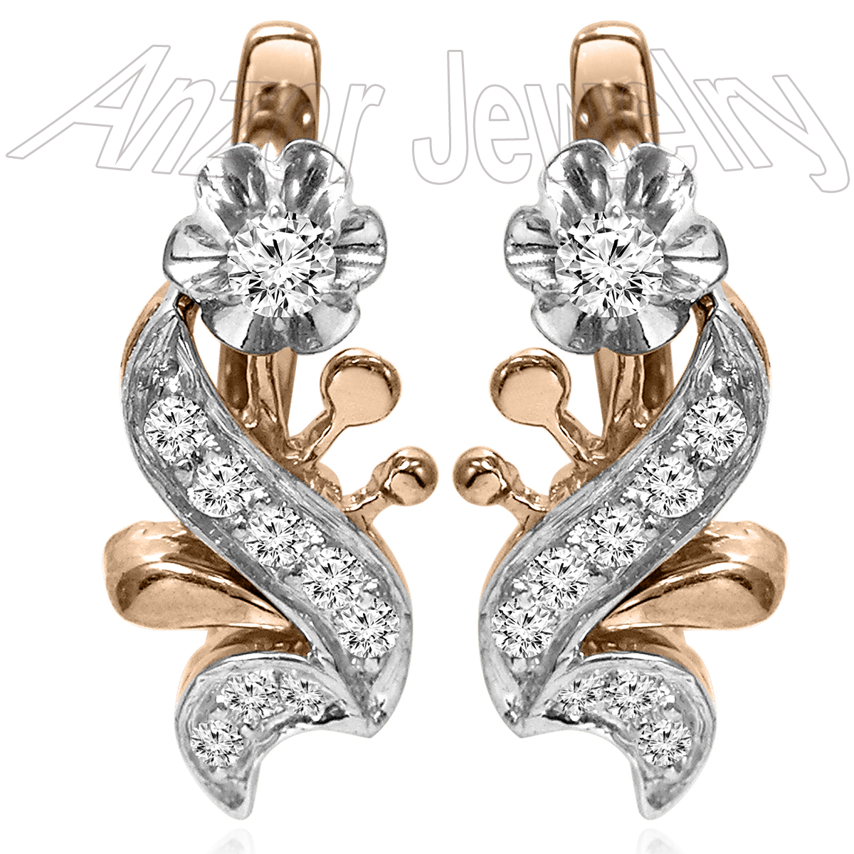 14k Solid Gold Diamond Russian Style Earrings E1377 - Anzor Jewelry