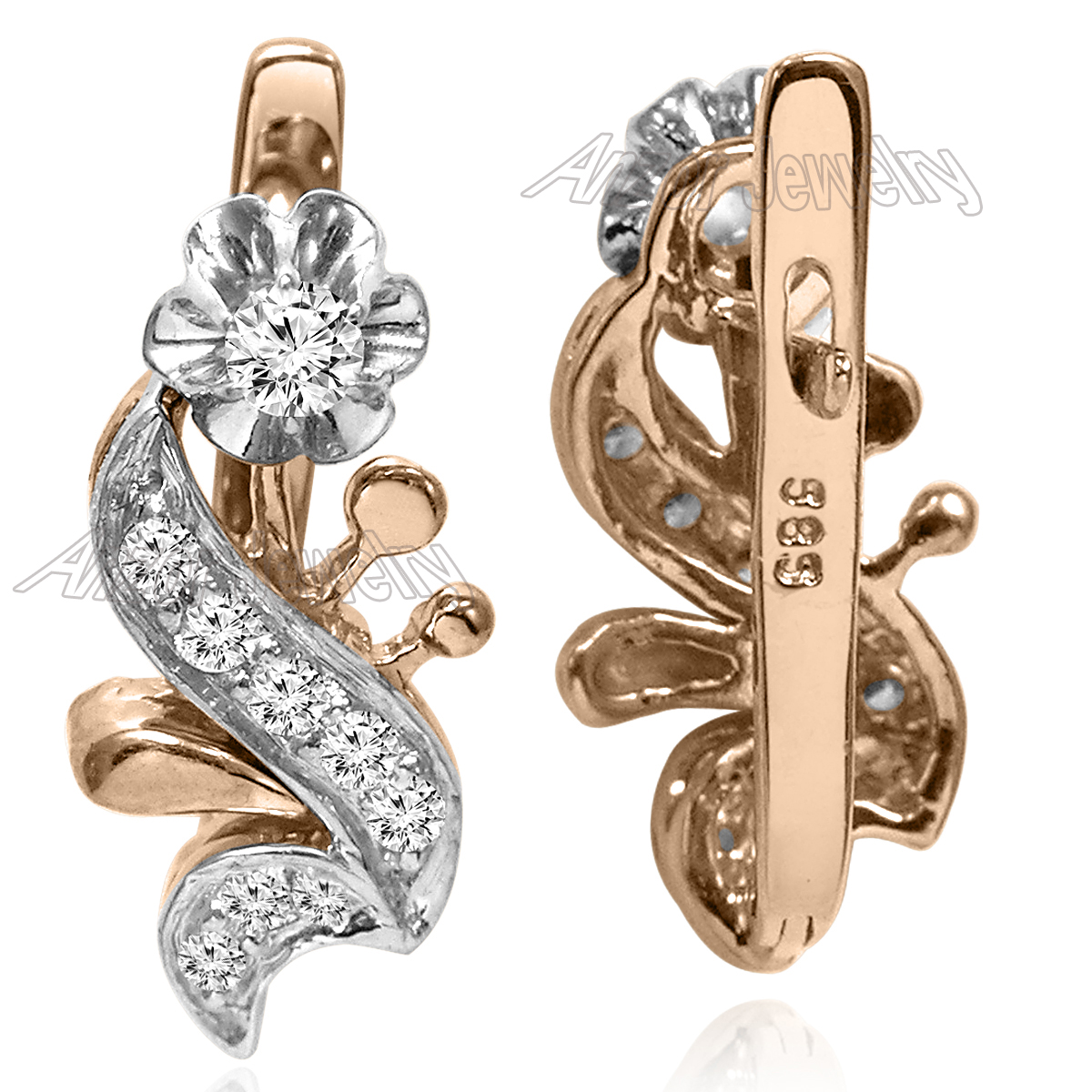 14k Solid Gold Diamond Russian Style Earrings E1376