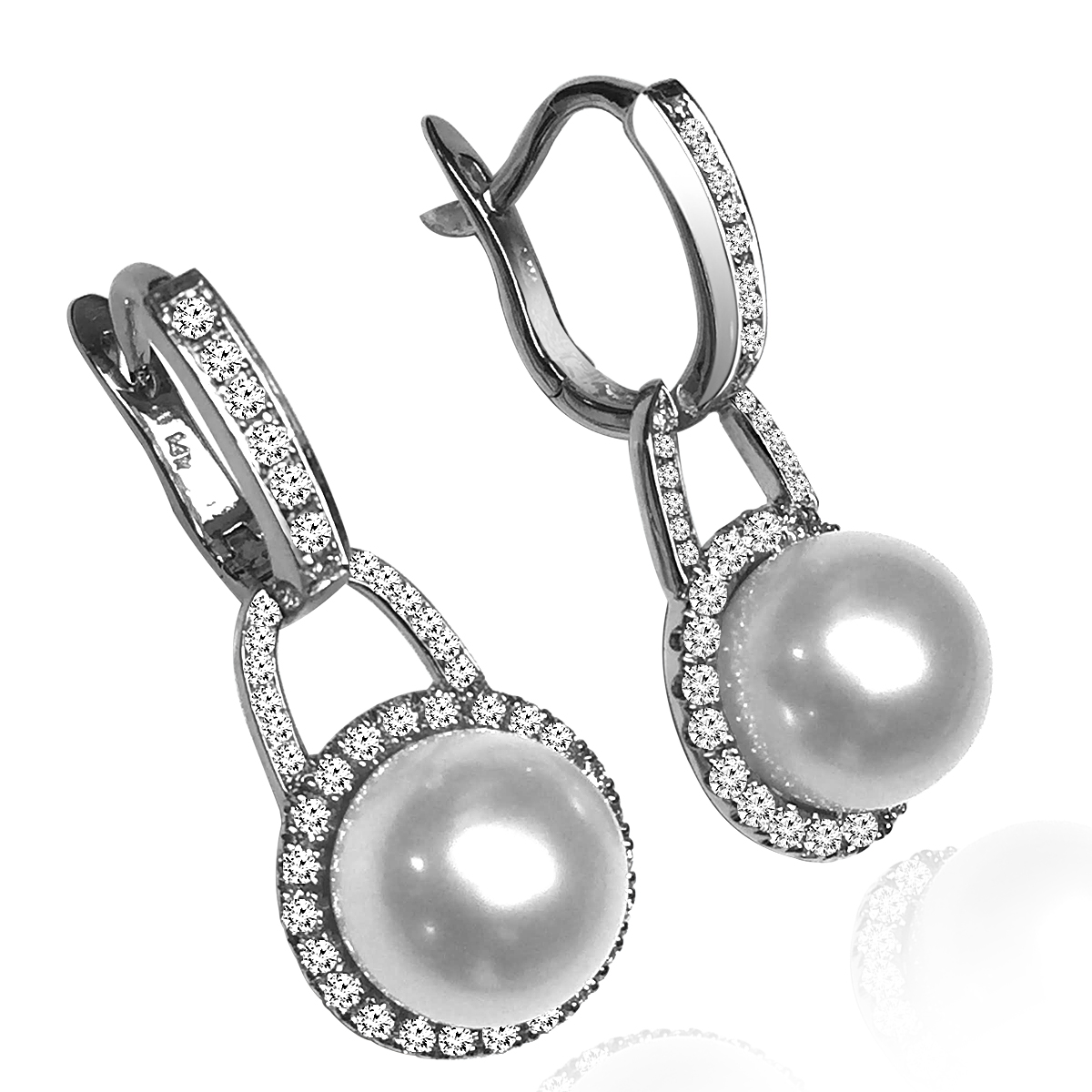 Russian style Diamond Pearl Earrings 14k Gold E1381 Russian style Diamond Pearl Earrings 14k Gold E1381
