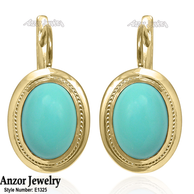 14k Solid Gold Turquoise Russian Style Earrings E1325