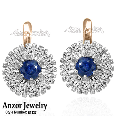 Russian style Sapphire and Diamond Earrings 14k #E1337