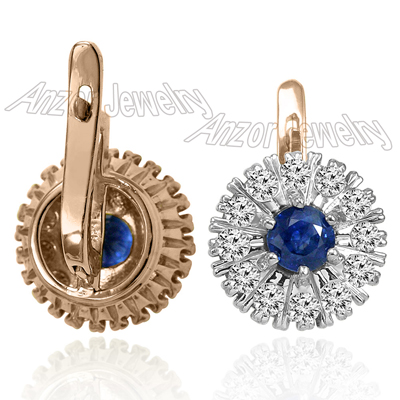 Russian style Sapphire and Diamond Earrings 14k #E1337