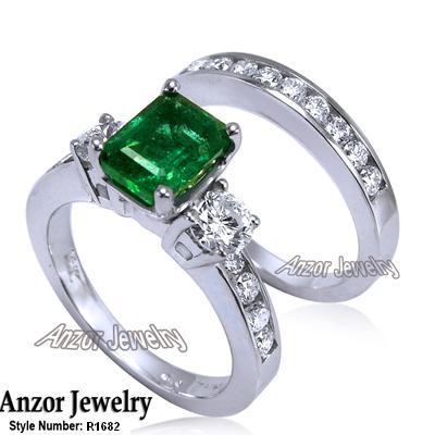 14k Gold Emerald Diamond Engagement Ring Set R1682