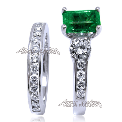 14k Gold Emerald Diamond Engagement Ring Set R1682