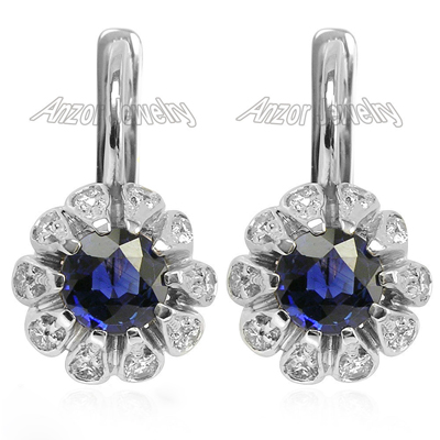 Russian Style Earrings Sapphire Diamond 14k Gold #E1415 Russian Style Earrings Sapphire Diamond 14k Gold #E1415