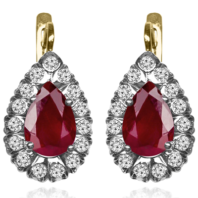 14K Gold Lab Created Ruby and Diamond Russian Style Earrings #E1477