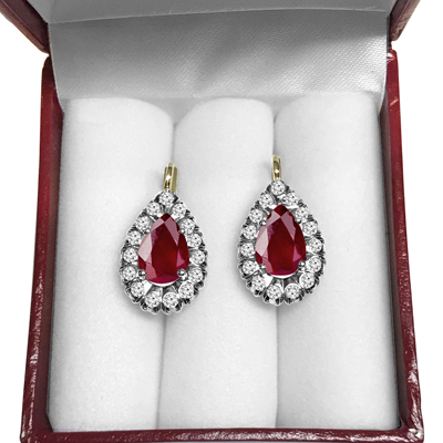 14K Gold Lab Created Ruby and Diamond Russian Style Earrings #E1477