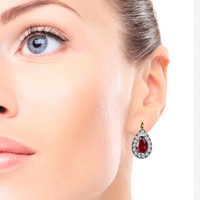 14K Gold Lab Created Ruby and Diamond Russian Style Earrings #E1477