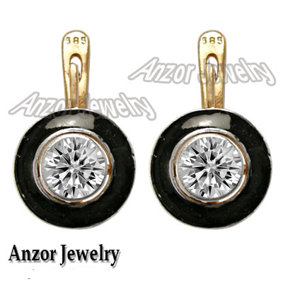 14k Solid Rose and White Gold Lab Created Diamond Enamel Earrings