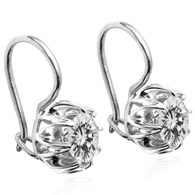 14k Solid White Gold Genuine White Sapphire Russian style Earrings