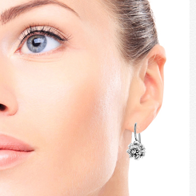 14k Solid White Gold Genuine White Sapphire Russian style Earrings