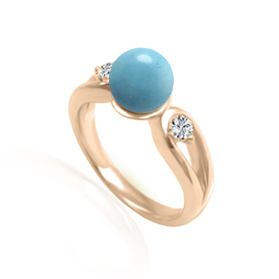 Genuine Turquoise Split Shank Ring with Diamonds in 14k Rose Gold F SI1 #R2267