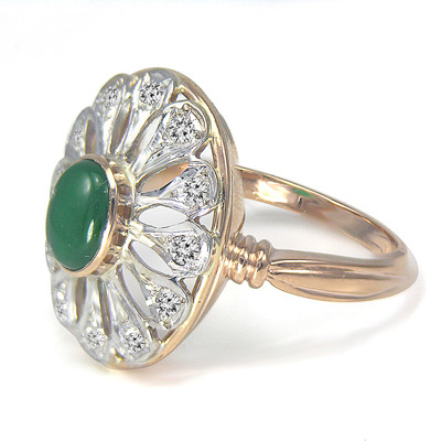 14k Solid Rose and White Gold Genuine Green Onyx Russian Style Rings