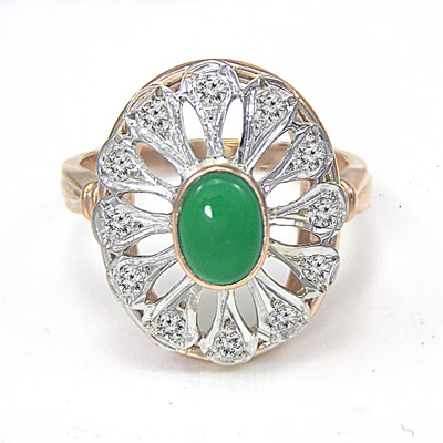 14k Solid Rose and White Gold Genuine Green Onyx Russian Style Rings
