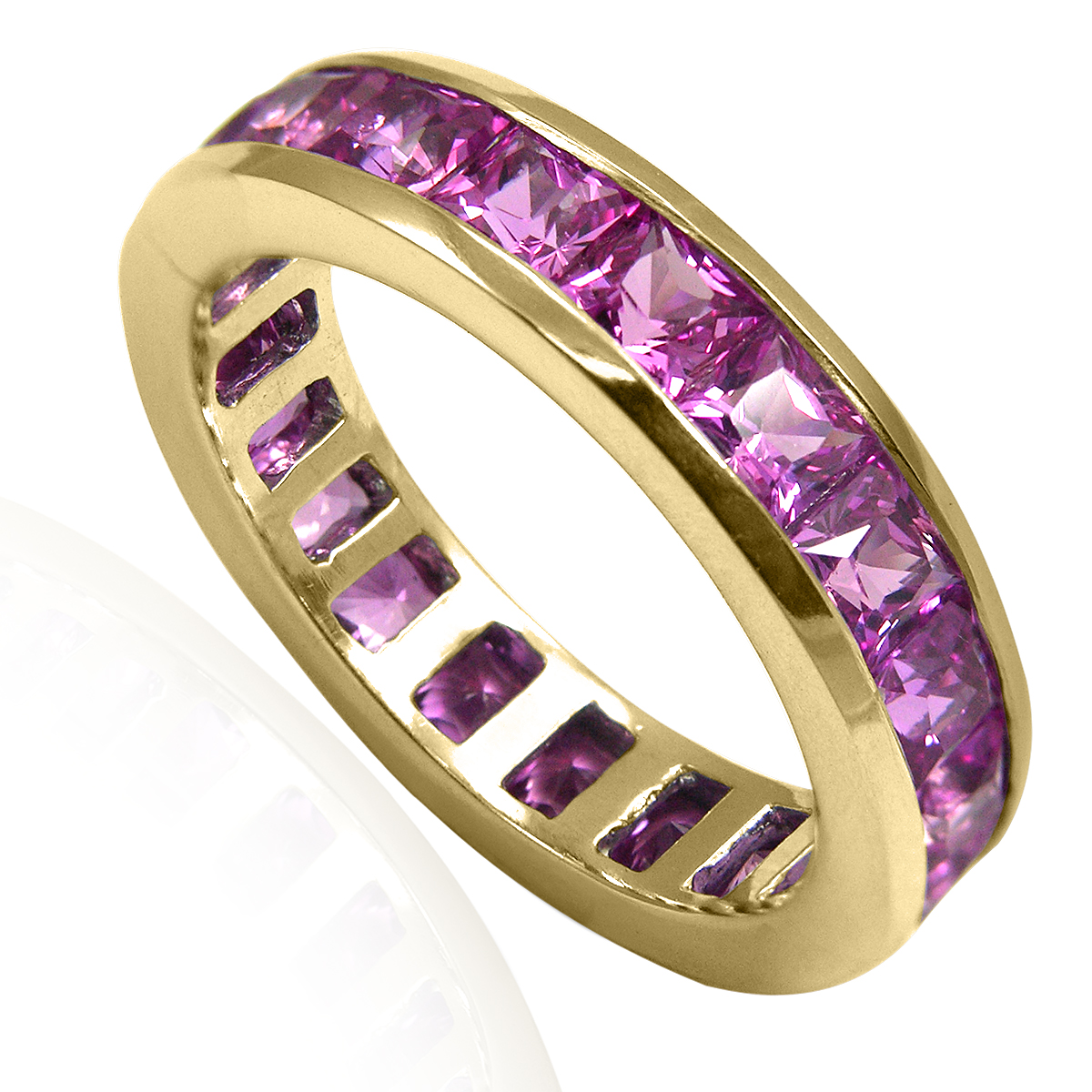 14k Solid Yellow Gold Channel Set Princess Cut Genuine Pink Sapphire Eternity Wedding Band