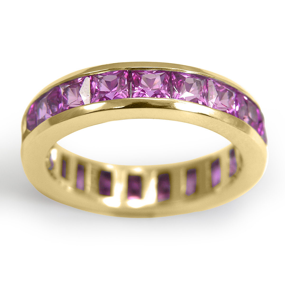 14k Solid Yellow Gold Channel Set Princess Cut Genuine Pink Sapphire Eternity Wedding Band