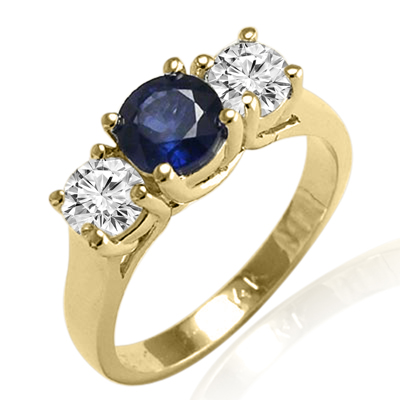 14k Solid Yellow Gold Sapphire Diamond Three Stone Ring #R2025
