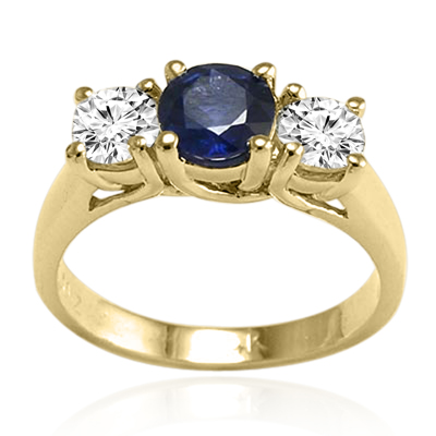 14k Solid Yellow Gold Sapphire Diamond Three Stone Ring #R2025