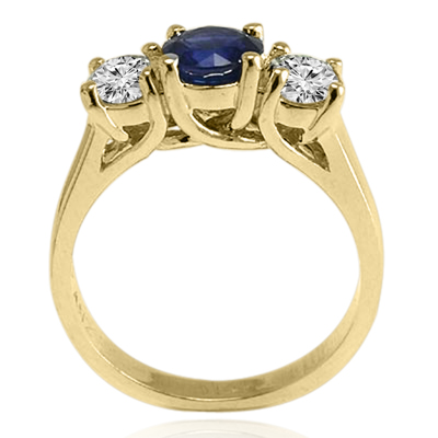 14k Solid Yellow Gold Sapphire Diamond Three Stone Ring #R2025