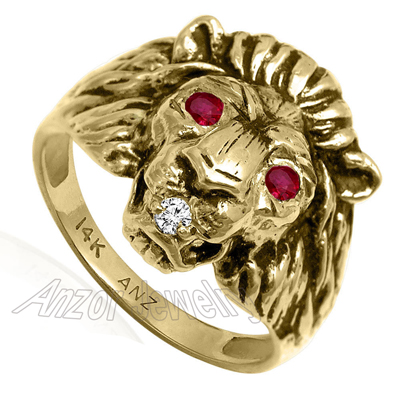 Heavy Men's Ring in 14k Solid Yellow Gold Natural G/VS2 Diamond and Genuine Ruby Lion