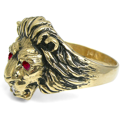 Heavy Men's Ring in 14k Solid Yellow Gold Natural G/VS2 Diamond and Genuine Ruby Lion