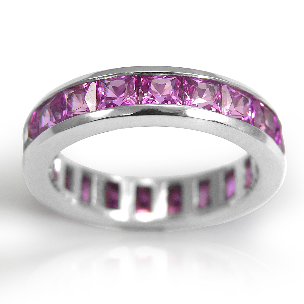 14k Solid White Gold Channel Set Princess Cut Genuine Pink Sapphire Eternity Wedding Band #R2001