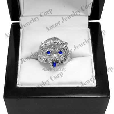 Heavy Men's Ring 14k Solid White Gold Genuine Sapphire Lion Ring size 7 to 14 