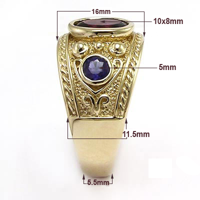 Men's 14k Solid Yellow Gold Natural Iolite Garnet Ring  <br>  ANZOR'S EXCLUSIVE "Patent Pending" in the USPTO.