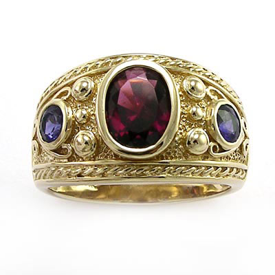 Men's 14k Solid Yellow Gold Natural Iolite Garnet Ring  <br>  ANZOR'S EXCLUSIVE "Patent Pending" in the USPTO.