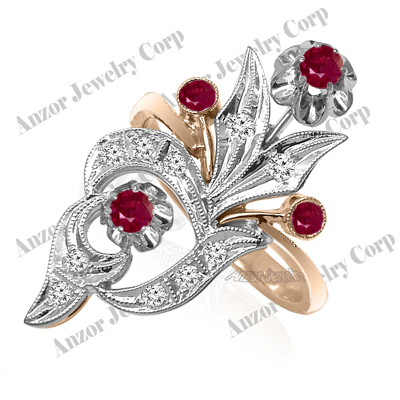 14k Solid Rose & White Gold Genuine Diamond and Ruby Russian Style Ring #R2050