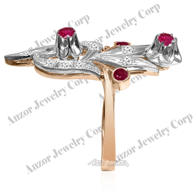 14k Solid Rose & White Gold Genuine Diamond and Ruby Russian Style Ring #R2050