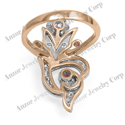 14k Solid Rose & White Gold Genuine Diamond and Ruby Russian Style Ring #R2050