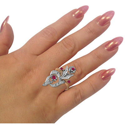 14k Solid Rose & White Gold Genuine Diamond and Ruby Russian Style Ring #R2050