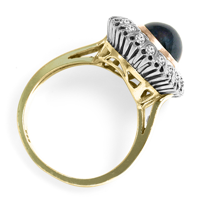 14k Yellow, Rose and White Gold Genuine Cabochon Sapphire & Diamond Russian Style Ring